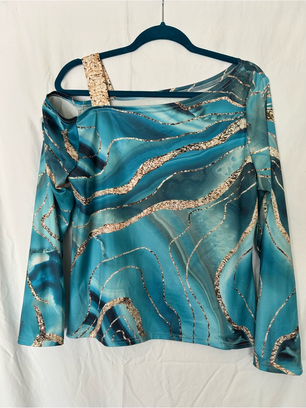 Blue Print Asymmetrical Off Shoulder Long Sleeve Top